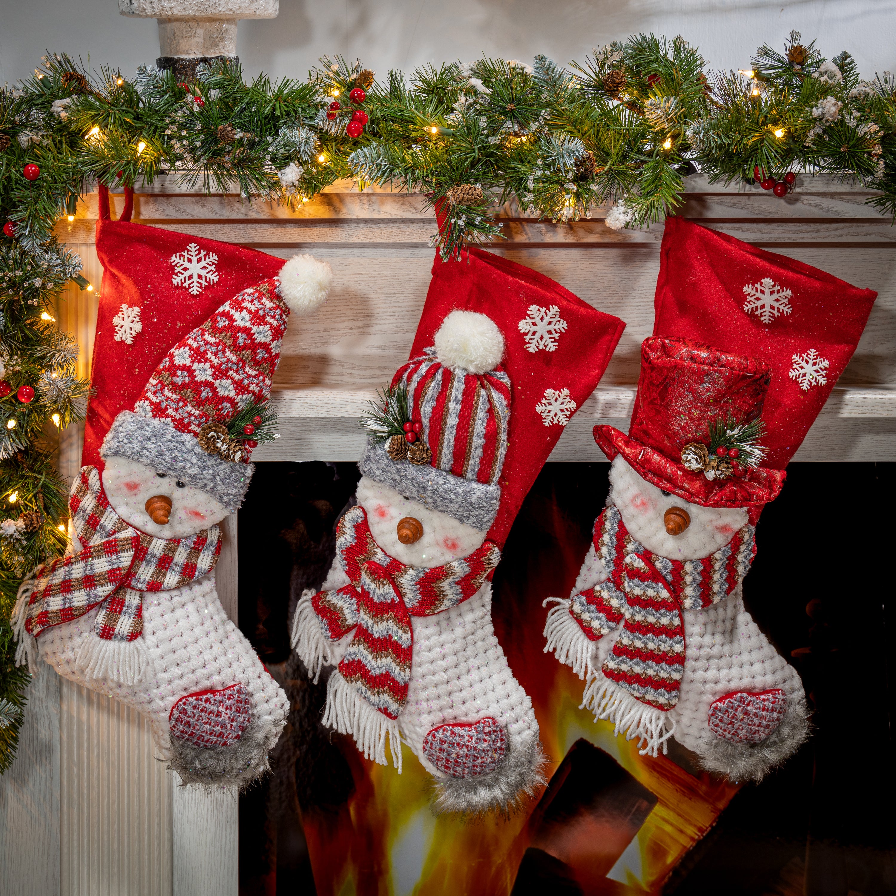 Set of 3 Christmas Holiday Stockings, Traditional Snowman Decor